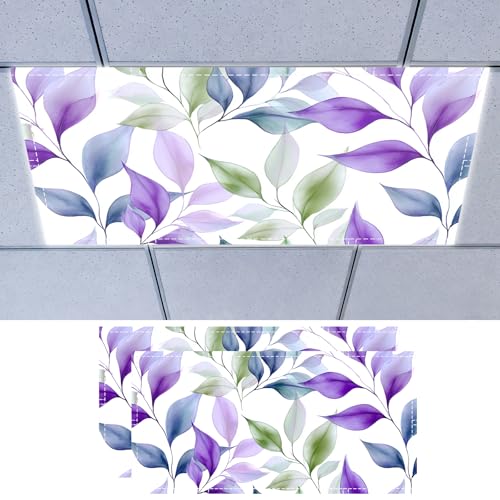 Nuxovilar 2 pack Ceiling Light Cover Purple Green Leaf Design Polyester 4x2 Feet Flourescent Light Covers Decor for Home Office Lounge - color: TT18779-2pcs