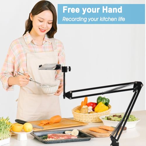 Overhead Tripod Mount for Camera Webcam Ring Light, Long Over Head Articulating Arm with Phone Holder and Ball Head, Desktop Lazy Arm Clamp Phone Stand Accessory for Live Streaming,Video Recording
