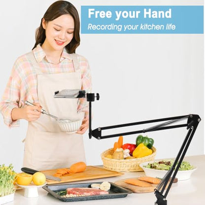 Overhead Tripod Mount for Camera Webcam Ring Light, Long Over Head Articulating Arm with Phone Holder and Ball Head, Desktop Lazy Arm Clamp Phone Stand Accessory for Live Streaming,Video Recording