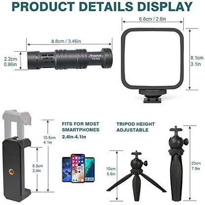 Video Vlogging Kit Smartphone Video Microphone Kit with Tripod/Phone Clip/LED Light/mic/3.5mm/Type-c/iPhone Lightning Cable/Remote Control, for iPhone X Samsung Huawei/Sony a7 Camera
