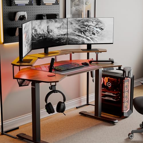 EUREKA ERGONOMIC Aero 55 Inch W Shaped Electric Standing Desk, Height Adjustable Computer Gaming Desk with LED Monitor Shelf, Mouse Pad, Headphone Hook, Cup Holder, Dark Walnut - color: Walnut, size: 55"W x 35"H-Adjustable