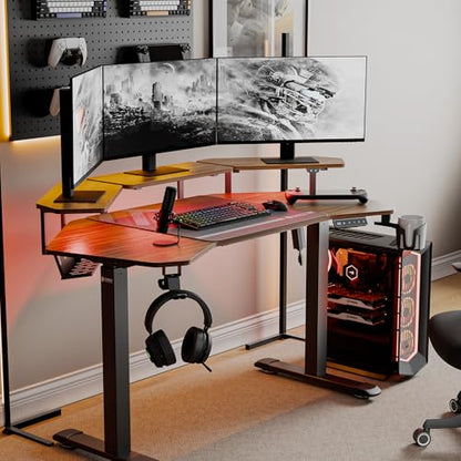EUREKA ERGONOMIC Aero 55 Inch W Shaped Electric Standing Desk, Height Adjustable Computer Gaming Desk with LED Monitor Shelf, Mouse Pad, Headphone Hook, Cup Holder, Dark Walnut - color: Walnut, size: 55"W x 35"H-Adjustable