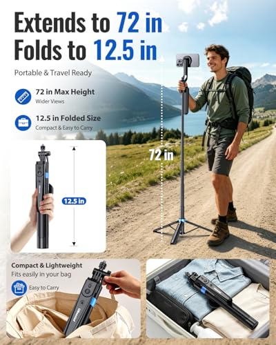 UBeesize 72” Auto Face Tracking Tripod for iPhone, MagSafe Selfie Stick with Remote, 360° Magnetic Phone Stand with Gesture Control for TikTok, Live Stream & Vlogging - size: 72-in