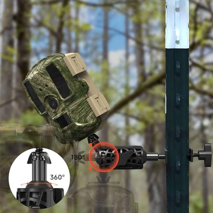 T Post Trail Camera Mount, T-Post Trail Camera Holder with 360° Adjustable Ball Head, Tool-Free 1/4"-20 Game Camera Mounting Bracket for Hunting, Wildlife, Farm Security, 4 Packs