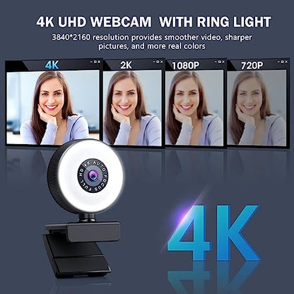 4K HD Autofocus Webcam with Microphone, Adjustable Light and Privacy Cover, Plug and Play USB for Laptop/Desktop Video Calling