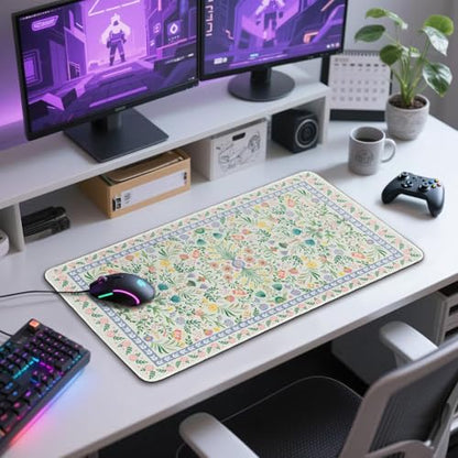 Green Floral Desk Mat, 31.5"x15.7" Large Mouse Pad, Anti-Slip Rubber Base Keyboard Pad with Stitched Edges, Water-Resistant Smooth Desk Blotter, Computer Mat for Home Office Desk - color: Green Floral