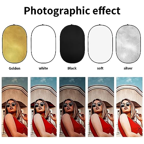 Godox 59″x79″/150x200cm Collapsible Photography Light Reflector, 5-in-1 Oval Multi Disc Diffuser with Carrying Bag - Gold, Silver, Black, White, Translucent for Video Studio Outdoor Lighting - size: 59″x79″/150x200cm