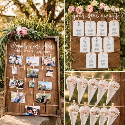 jijAcraft 100Pcs Clothespins with String, 1.4Inch Mini Wooden Clothes Pins with 328Ft Jute Twine, Mini Baby Shower Photo Clips, Small Natural Clips for Hanging Photo, Clothes, DIY Crafts, Wrap Bag - color: Natural