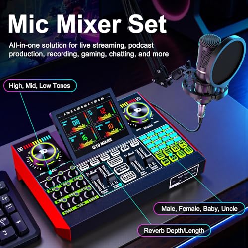 Podcast Equipment Bundle with 3.5mm BM800 Condenser Microphone for Pc/Phone Live Streaming Singing Gaming, Podcast Microphone Bundle with Live Sound Board Audio Mixer,Voice Changer, Denoise,DJ Sets
