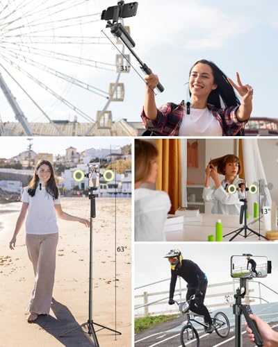 Vlogging Kit for iPhone/Android, 63” Auto Face Tracking Tripod for iPhone with Light, Wireless Microphones, Remote Control for TikTok, YouTube Starter Kit for Content Creator