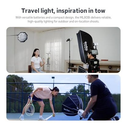Godox ML80Bi COB Video Light w/95Wh Detachable Battery, Brighter Bi-Color Led Video Light 29600lux@5600K 1m, CRI 96, 2800K-6500K,11FX, Dimming 0%~100%, Portable Continuous Output Lighting Photography - color: ML80Bi