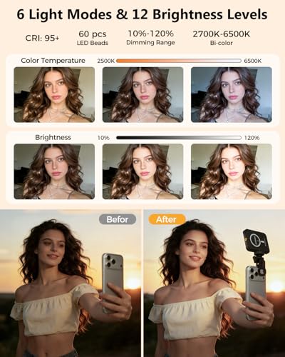 Magnetic Selfie Light for iPhone, Selfies Video Lighting, 6 Lighting Modes, 12 Brightness Levels, Clip, Magnetic or Camera Mount, Ideal for TikTok, Zoom, Makeup, Live Streaming - color: 60-Black