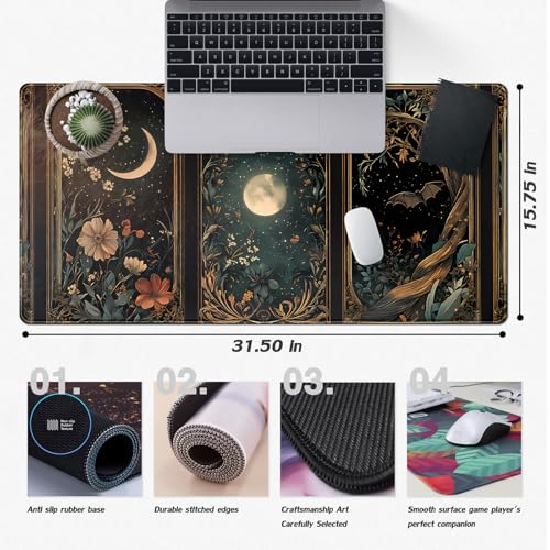 Celestial Lunar Nature Tarot Card Desk Mat 31.5''X15.7'' Dark Green Desk Pad Moon Botanical Floral Large Mouse Pad Extended Gaming Mousepad XXL Keyboard Mouse Mat for Computer Laptop Gamers - color: Celestial Lunar Nature