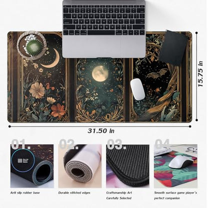 Celestial Lunar Nature Tarot Card Desk Mat 31.5''X15.7'' Dark Green Desk Pad Moon Botanical Floral Large Mouse Pad Extended Gaming Mousepad XXL Keyboard Mouse Mat for Computer Laptop Gamers - color: Celestial Lunar Nature