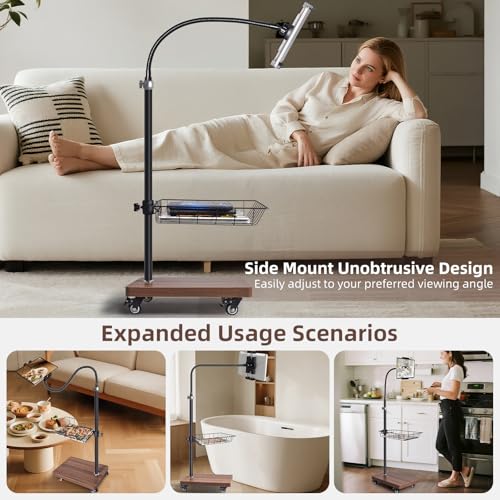 wishacc Adjustable Floor Tablet Stand with Rolling Base, Flexible Gooseneck Mount, Wood Platform, Mobile Device Holder for Indoor Use - size: 15.4 x 11 x 11 inches