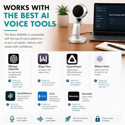 Movo WebMic USB Dictation Microphone in Silver – Cardioid for Vibe Coding | Cardioid Pickup Rejects Background Noise For Accurate Dictation. Gain Knob, Headphone Out, Mute. Desktop Stand, No Drivers. - color: Palladian Silver