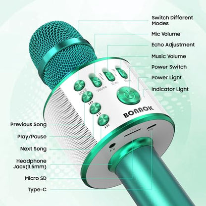BONAOK Wireless Bluetooth Karaoke Microphone, 3-in-1 Portable Handheld Mic Speaker for All Smartphones, Gifts for Boys Kids Adults All Age Q37(Green) - color: Green
