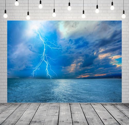 Lightning Strike Backdrop Fabric 15x10ft Dark Clouds Blue Sky Sea Ocean Thunder-Storm Background for Bad Weather Disaster Party Decorations Adults Halloween Themed Photoshoot Props - size: 15x10FT