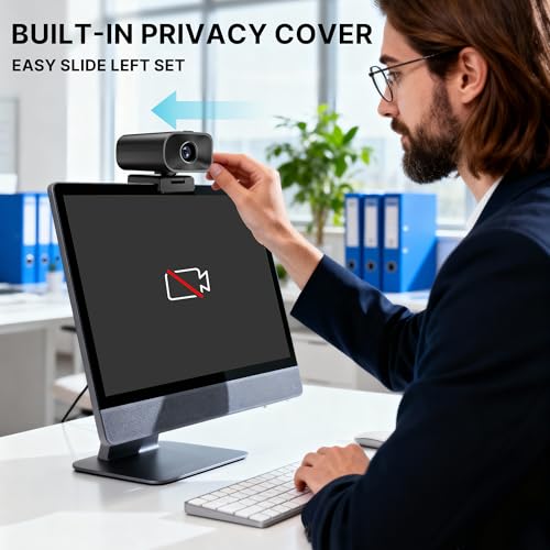 Webcam with 5W Speaker and Microphones for PC,Computer USB Camera 5X Digital Zoom ePTZ 1080P Webcam with Privacy Cover &Remote for Conference, Laptop, Desktop,Mac, Streaming, Gaming