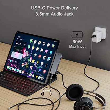 iPad Pro USB C Hub Adapter with 4K HDMI,3.5mm Jack,2 x USB3.0,PD 60W,USB C Data,SD/TF Card Slot,6in1 Adapter for M4 M2 M1 iPad Pro 11 12.9 2025-2018,iPad Air/Mini - color: 6IN1