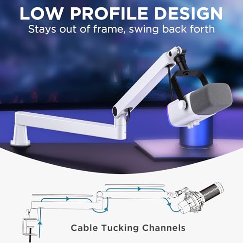 InnoGear 2026 Upgraded Microphone Boom Arm, Magnetic Cable Management Low Profile Mic Stand 360° Rotatable Desk Mount for Fifine AM8 K669B Blue Yeti HyperX QuadCast SoloCast AT2020, White - color: White, style: Low Profile Mic Arm