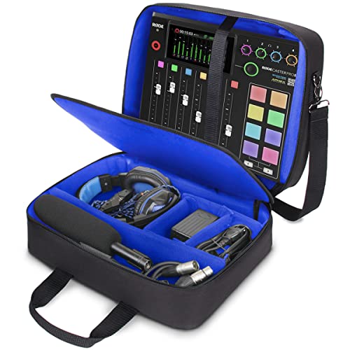 USA Gear Audio Mixer Case Fits RODECaster Pro II, Pro & Duo, GoXLR, & more Podcast Equipment - Podcast DJ Travel Bag with Customizable Interior, Scratch-Resistant Interior, Shoulder Strap (Blue) - color: Blue
