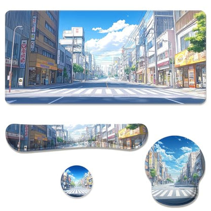 Anime Tokyo Desk Mat Set Summer City Large Mouse Pad with Wrist Rest 4in1 Desk Mat for Desktop Ergonomic Keyboard Wrist Support Anti-Slip Computer Ergonomic Mouse Pad Home Office Gaming - color: Anime Tokyo