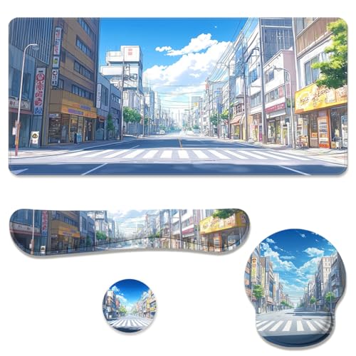Anime Tokyo Desk Mat Set Summer City Large Mouse Pad with Wrist Rest 4in1 Desk Mat for Desktop Ergonomic Keyboard Wrist Support Anti-Slip Computer Ergonomic Mouse Pad Home Office Gaming - color: Anime Tokyo