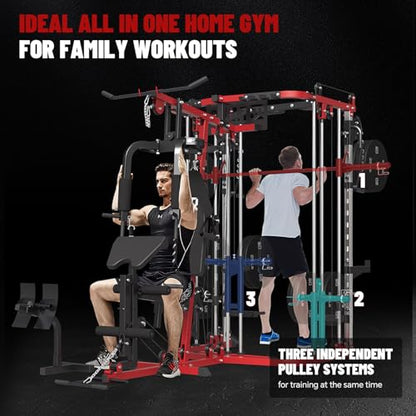 All in One Home Gym System Workout Station, Multi-Function Smithe Machine Power Cage with Cable Crossover System, Tripe-Sided Independent Load Posts, Functional Trainer for Full Body Training - color: Red, style: Home Gym Station