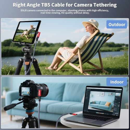 USB C Camera Tethering Cable for Right Angle Thunderbolt 5 Cable 15FT, Support 20Gbps, 240W PD, 4K@60Hz for Thunderbolt 4, iPhone 17, USB4, Canon, Sony, Nikon, Fuji, Mac mini M4 - size: Right Angle 15FT