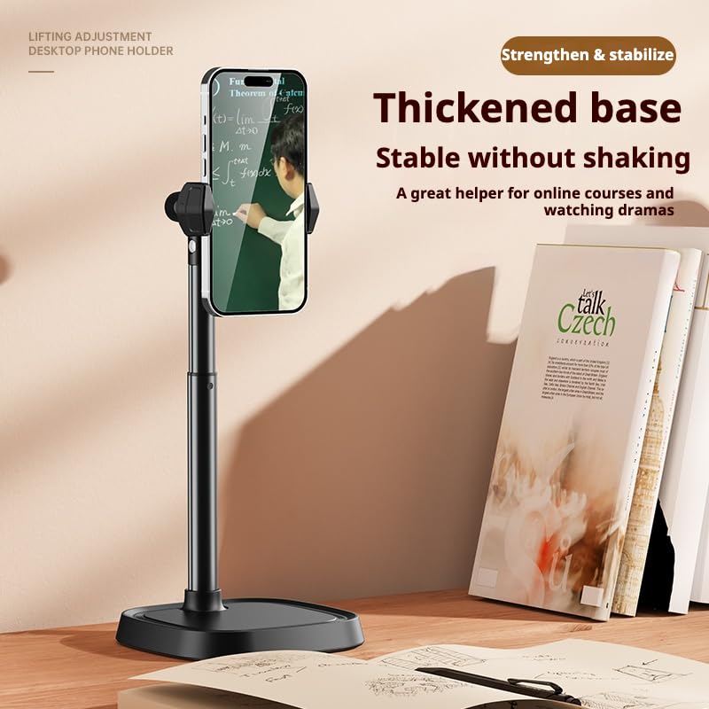 Height Adjustable Phone Stand for Desk, Retractable Desktop Phone Holder, 180° Flip & 360° Rotation Design，Compatible with iPhone/Android Devices,Ideal for Live Streaming and Video Recording (White)