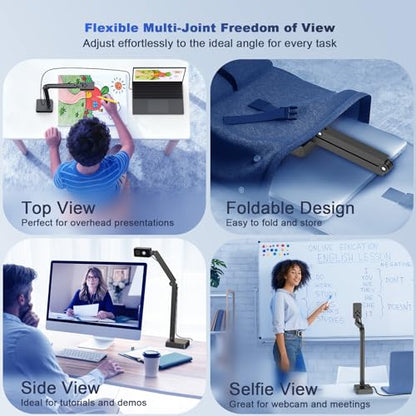 4K Document Camera for Teacher and Classroom, 8MP USB Webcam & Visualiser | A4 A3 Document, Doc Cam with Foldable Alloy Stand, Auto focus, LED Light & Mic, Work with Zoom, Mac, Windows, Chromebook