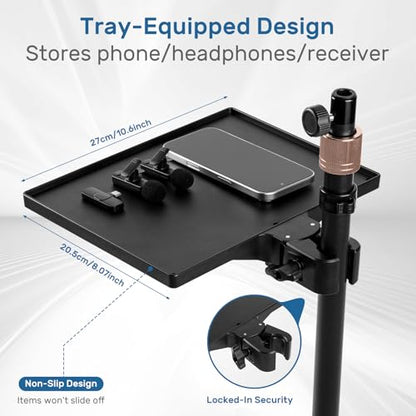 BILIONE Microphone Stand Floor with Tray & Boom Arm, 5.5lbs Weighted Base, Height Adjustable Studio/Podcast Mic Stand w/ 3/8'' to 5/8'' Adapter & 2 Mic Clips Compatible with Blue Yeti QuadCast AT2020