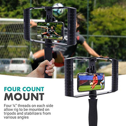 Movo SPR-20 Foldable Smartphone Video Rig Cage with Cold Shoe Mounts for Microphone or LED Light - Vlogging Mount Compatible with iPhone, Android - Smartphone Video Stabilizer Grip - Filming Equipment