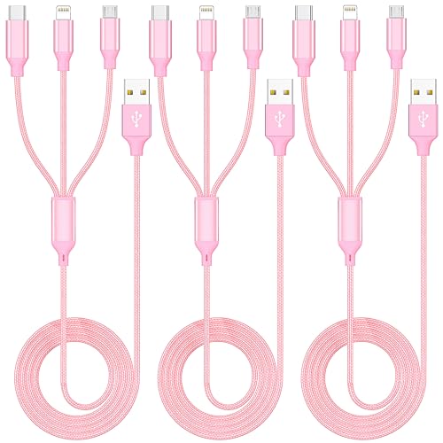 Multi Charging Cable 4ft 3Pack 3 in 1 Charger Cord, Multiple Rapid Nylon Braided Cable USB Charging Cable Multi Phone Charger Cord with Type C Micro Lightning USB Connectors for Cell Phones Pink - color: Pink-4ft