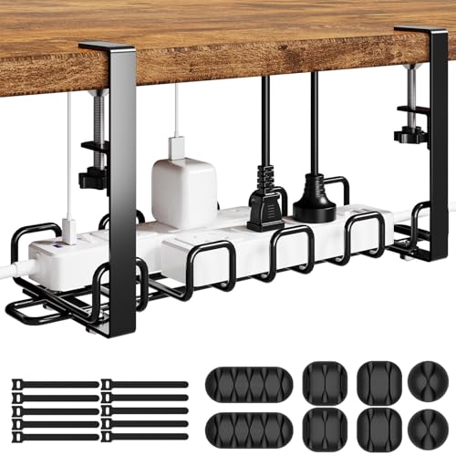Cable Management Tray Under Desk 15.8'' - 4mm Wire Sturdy Cord Organizer for Desk Accessories - Cord Organization with Clamp No Drill - Standing Desk Accessories for Home Office