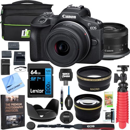 Canon EOS R100 Mirrorless Camera Body with RF-S 18-45mm F4.5-6.3 is STM Lens 6052C012 Bundle with Double Battery, Memory Card, Deco Gear Deluxe Case and Mini Tripod & Accessories - color: Sable