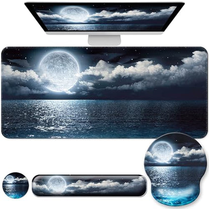 Desk Mat Set + Keyboard and Mouse Pad with Wrist Rest Support,4-in-1 Large Mousepad Computer Mats for Desktop Home & Office-Night Moon - color: H-Night Sea
