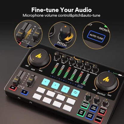MAONO Podcast Equipment Bundle 10 Channel Audio Interface and XLR Dynamic Microphone MaonoCaster with Pro-preamp, 48V, Bluetooth for Podcast, Streaming, TikTok, Youtube, PC, Smartphone (AME2C Pro)