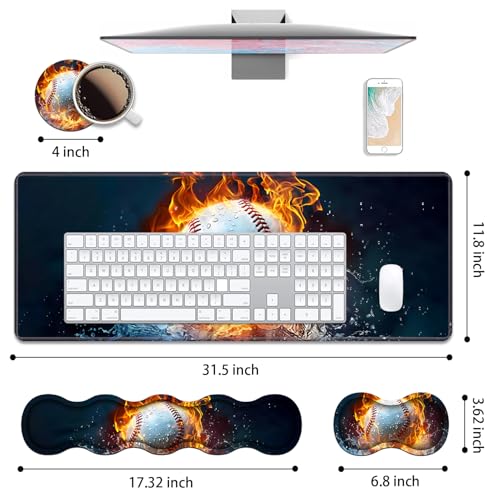 4 in 1 Ergonomic Keyboard Wrist Rest & Mouse Pad Wrist Rest Set, Large XXL Gaming Desk Mat 31.5"x 11.8" with Non-Slip Base, Memory Foam for Home Office Study Gaming, Burning Baseball Fire and Water - color: Burning Baseball Fire and Water
