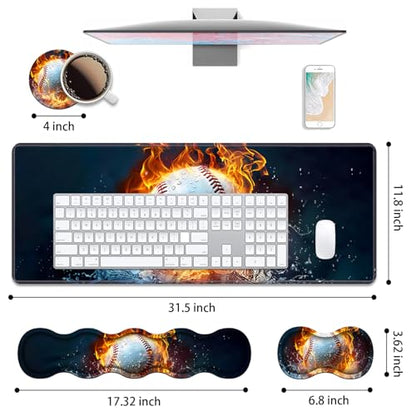 4 in 1 Ergonomic Keyboard Wrist Rest & Mouse Pad Wrist Rest Set, Large XXL Gaming Desk Mat 31.5"x 11.8" with Non-Slip Base, Memory Foam for Home Office Study Gaming, Burning Baseball Fire and Water - color: Burning Baseball Fire and Water