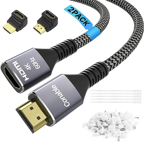 4K HDMI Extension Cable (2 Pack 0.6FT+ 0.6FT), HDMI 2.0 Braided Extender Male to Female Cord, Pure Copper 3D 4K@60Hz 2160p 1080p HDR HDCP 2.2 ARC (with Ties, U Nails, 2 HDMI Adapters)-0.6 Feet-2 Pack - size: 0.6 Feet (2 Pack)