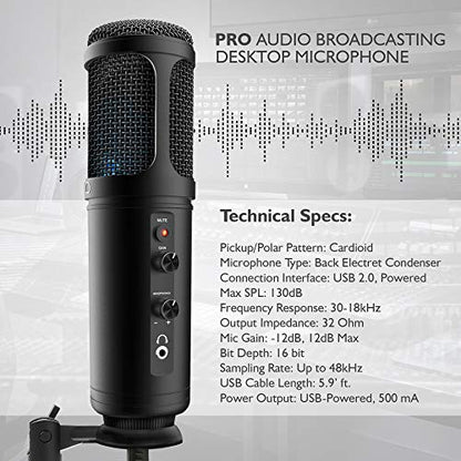JOVIAL USB PC Recording Condenser Microphone - Blue LED, Adjustable Gain, Headphone Jack, Mute Control, Tripod Stand - Portable Pro Audio Condenser Desk Mic for Podcast Streaming Gaming
