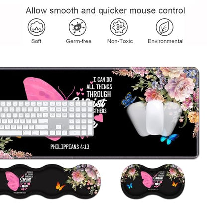 Ergonomic Keyboard Wrist Rest & Mouse Pad Wrist Rest Set, Butterfly Quote Bible Verse Philippians 4-13 Large XXL Gaming Desk Mat 31.5"x 11.8" with Non-Slip Base, Memory Foam for Home Office Study Game - color: Butterfly Quote Bible Verse Philippians 4-13