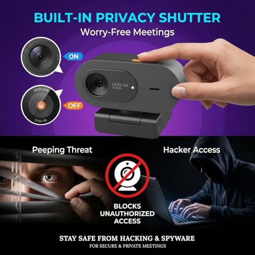 4K Webcam with Microphone, UHD Ultra-HD Computer Camera with Privacy Cover & Noise-Canceling Mic, 100° Wide Angle, USB Plug & Play Pro Desktop Web Cam for Zoom, Skype, Teams, Streaming