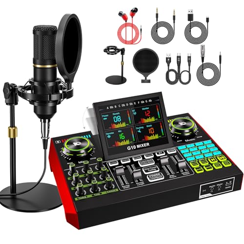 Podcast Microphone Bundle with Live Sound Card Audio Mixer, Podcast Equipment Bundle with 3.5mm BM800 Microphone for Pc/Youtube Live Streaming Singing Gaming, Sound Board with Voice Changer, Denoise