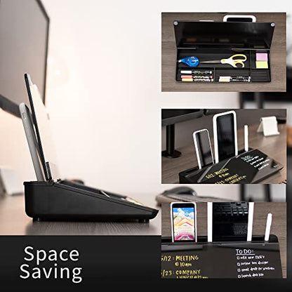 Vivo Glass 16 x 7 inch Dry Erase Board with Storage, Desktop Whiteboard Organizer with Hidden Compartments and Device Slot, Black, DESK-WB16B - color: Black