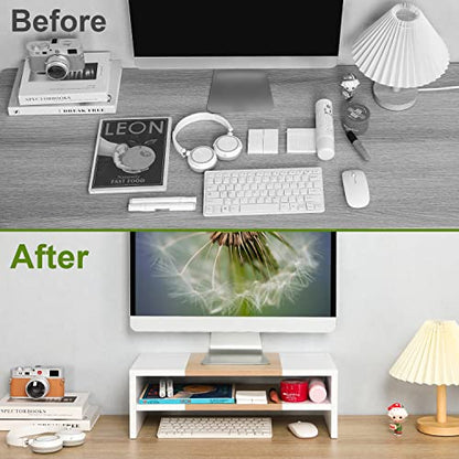 TEAMIX 2 Tiers Desktop Monitor Stand Riser 20 Inch Printer Stand with Storage Small TV Riser Laptop Wooden Desk Organizer Shelf Bookshelf Maple (White+Maple, 2 Tiers) - color: White+Maple