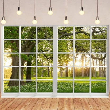 Renaiss 12x8ft Green Trees Forest Window Backdrop for Photoshoot Portrait Spring Summer Scenery Woodland French Window Photography Background Baby Shower Birthday Party Decors Photo Booth Props - size: 12x8ft