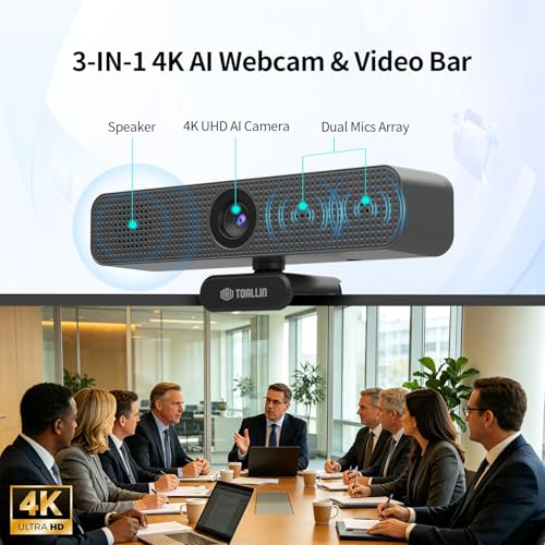 TOALLIN 3-in-1 4K Webcam with Mics and Speaker, AI Tracking & Framing, 5X Zoom, WDR/HDR, All-in-One Conference Camera for Meetings, Streaming, Video Calls